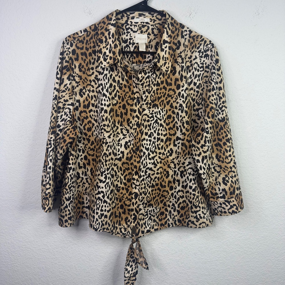 Chico's Shirt Women 3/XL Leopard Animal Print No-Iron Button Mob Wife Maximalist
